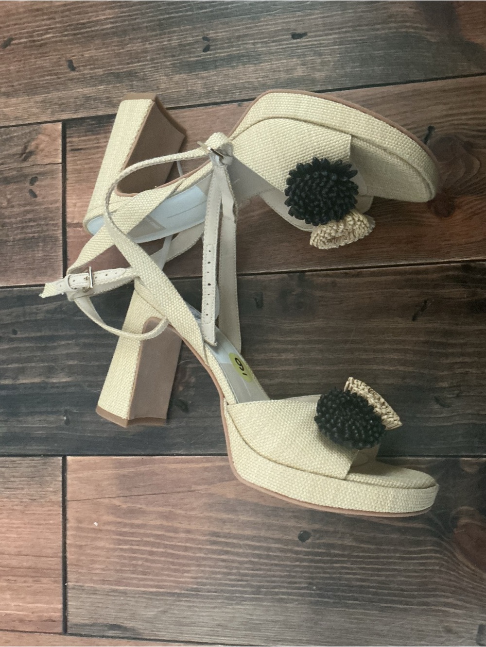 Dolce Vita Beige Slide Sandals with Black and Beige Pom-Poms - Picture 2 of 4